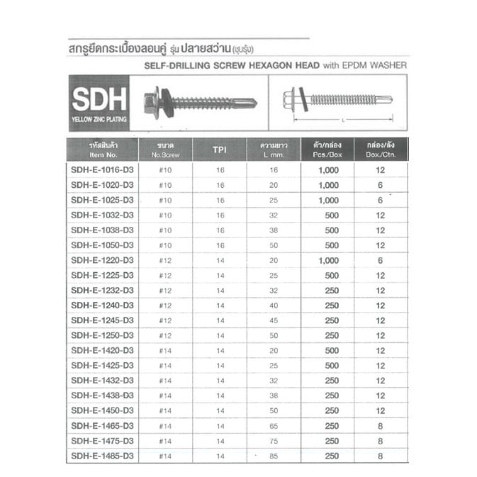 SKI - สกี จำหน่ายสินค้าหลากหลาย และคุณภาพดี | FASTENIC #SDH-E-1465-Y สกรูยึดกระเบื้องลอนคู่ รุ่นปลายสว่าน (ชุบรุ้ง) #14x65 mm. (250ตัว/กล่อง)